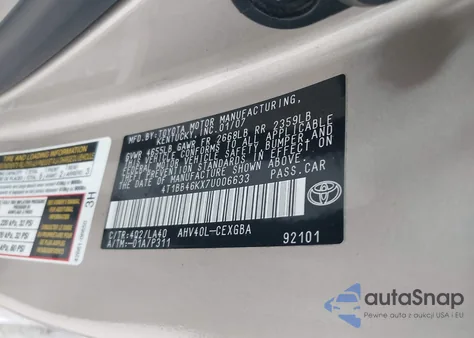 2007 Toyota Camry Hybrid z USA, uszkodzony, nr VIN 4T1BB46KX7U006633